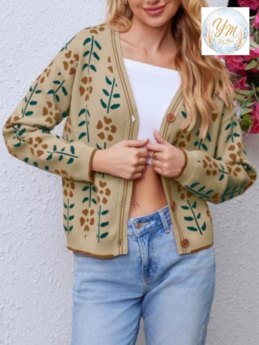 Floral Print V Neck Cardigan Open Front Button Down Knit Sweater Long Sleeve - Picture 5 of 7